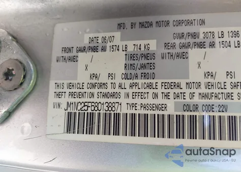 2008 Mazda Mx-5 Sport z USA, uszkodzony, nr VIN JM1NC25F680138871